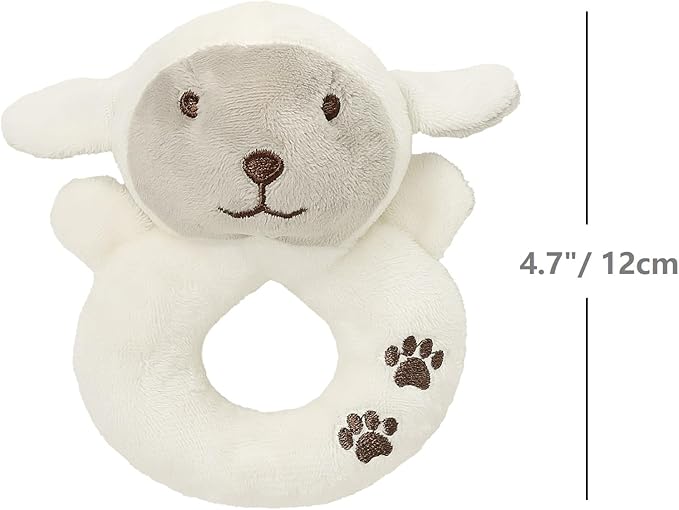 CREVENT Cozy Plush Baby Loveys for Baby Girls Boys, Stuffed Animal Ring Rattle Shaker Toy for Newborns (Ring Sheep)