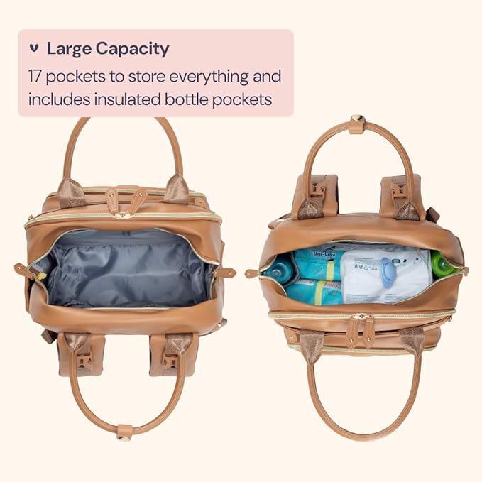 BabbleRoo Leather Diaper Bag Backpack - Baby Essentials Travel Baby Bag, Multi function, Waterproof, with Changing Pad, Stroller Straps & Pacifier Case – Unisex, Light Brown