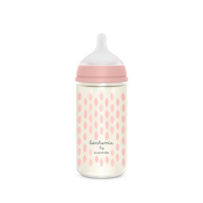 Suavinex Bonhomia Glass Baby Bottle with SX PRO Silicone Nipple, Anti Colic Baby Bottles, Baby Bottles for Breastfed Babies, Medium Flow, 3mo, 8oz, Pink