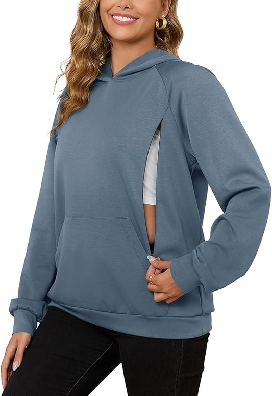 Bhome Nursing Sweatshirt Hoodie for Breastfeeding with Hidden Zippers Maternity Breast Pumping Tops Kangaroo Pocket