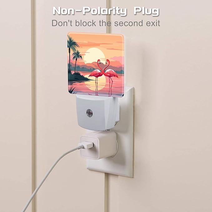 Pink Flamingos at Sunset Night Light for Kids,Summer Beach Tropical Palm Tree Night Light Plug in with Dusk to Dawn Sensor,0.5w Energy Saving Nightlight for Hallway Stairway Kitchen Bedroom