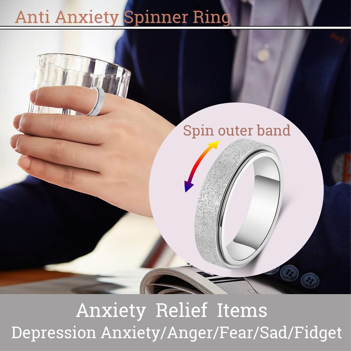 Anxiety Ring for Women Men, Titanium Stainless Steel Spinner Ring, 5 Colors, 6MM, Size 6-10, 3 Styles Anxiety Ring-Moon Star, Sandblasted Finished, Hollow Outer