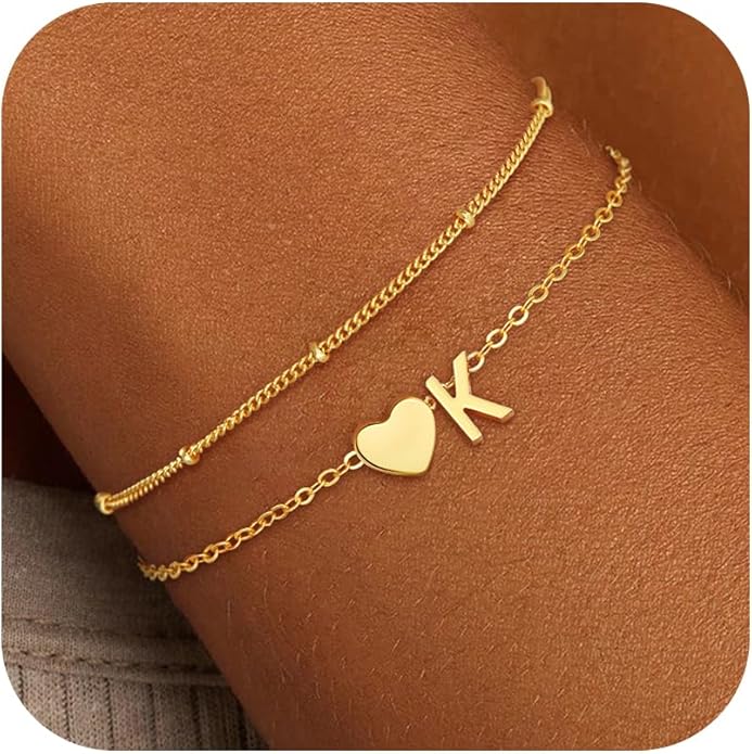 Gold Initial Bracelets for Women Girls - 14K Gold Plated Heart Initial Bracelet Teen Girl Gifts Trendy Stuff Dainty Gold Bracelets for Women Girls Trendy Jewelry Gifts