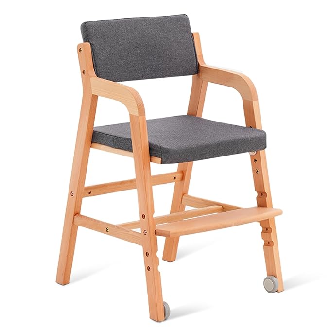 Swegrow Wooden High Chair with 2 Wheels, Adjustable Seat - Backrest - Footrest Heights, Wooden High Chair for Toddlers - Kids and Baby, Kids Dining Chair with Removable Cushion(Gray)
