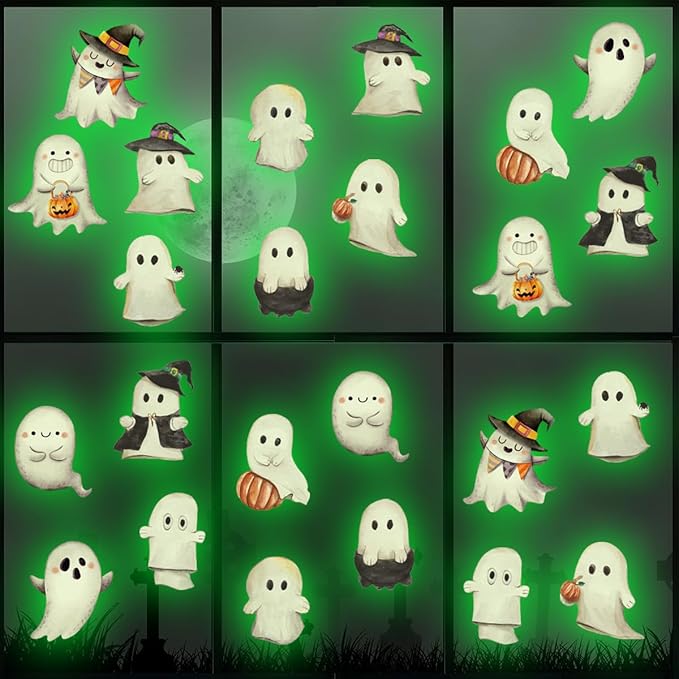 Glow in The Dark Halloween Ghost Window Clings Green Luminous Ghost Window Decals for Halloween Party Decorations Home School Glass