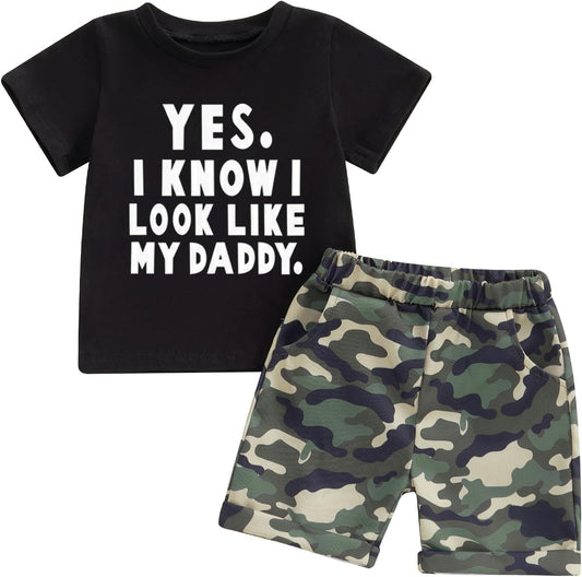 wdehow Toddler Kids Baby Boy Summer Clothes Sets 1T 2T 3T 4T 5T Letter Print Short Sleeve Tops Camouflage Shorts Outfits