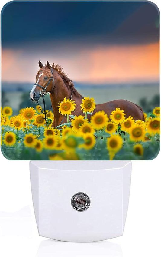 Sunflower Farm Animal Horses Night Light,Plug Into Wall with Dusk to Dawn Light Sensors, Warm Nightlights for Bedroom, Bathroom, Hallway, Kitchen, Gifts Ideal for Boys Girls Women Men