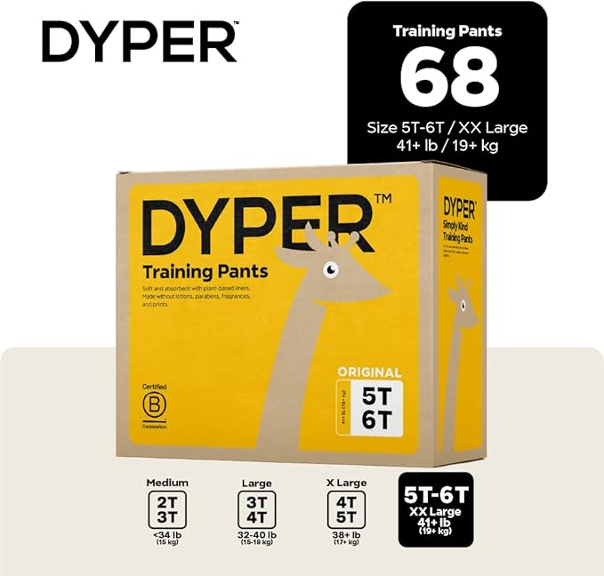 DYPER Toddler Potty Training Pants Girls & Boys Size 5T-6T, Honest Ingredients, Day & Overnight, Made with Plant-Based* Materials, Hypoallergenic for Sensitive Skin, Unscented