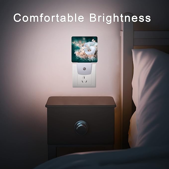 Yellow Roses and Butterfly Night Light,Flower Butterflies Spring Night Lights Plug into Wall Dusk to Dawn Sensor Led Lamp for Women Men for Stairway/Hallway/Bedroom,0.5W