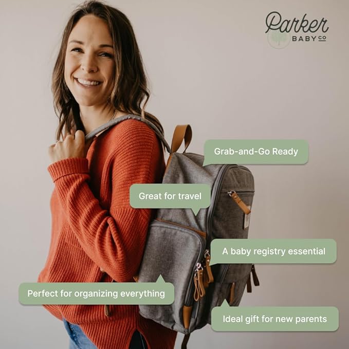 Parker Baby Diaper Backpack - Full Zip Diaper Bag with Insulated Pockets - Gray