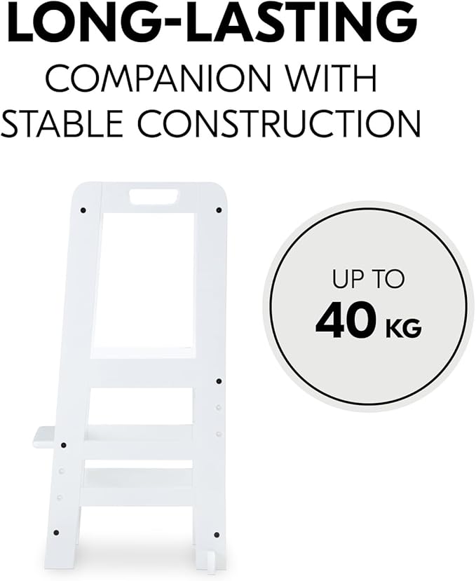 Hauck Learn N Explore Montessori Toddler Tower, Adjustable Wooden Kitchen & Bathroom Step Stool Helper for Home Use with Kids Ages 1+, White
