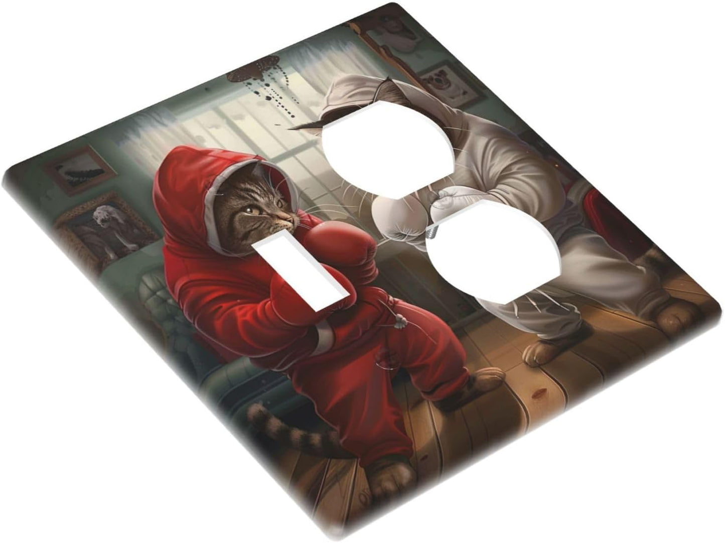 Decorative Outlet Covers Funny Red Boxing Cats White Tomcat 2 Gang Wall Plate Cover Single Toggle Duplex Combo Two Switch Light Switch Cover Plate Jumbo Dual GFCI Faceplate