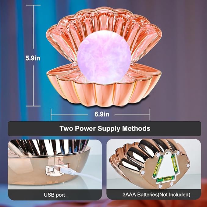 Shell Pearl Beach Themed Night Light, RGB 8 Colors Changing Mood Shell Pearl Lamps, Bedside LED Clamshell Portable Night Lights for Bar (Electroplated Rose Gold)