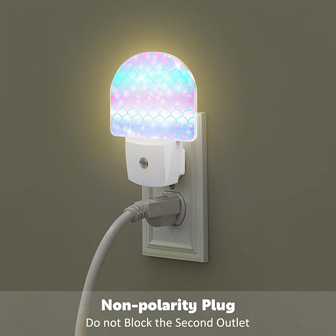 Rainbow Glitter Mermaid Scales Night Light Plug into Wall,Watercolor Pink Purple Teal Fish Scale Dusk to Dawn Night Light,0.5w Energy Saving Nightlights for Kids Boys Girls Home Decor