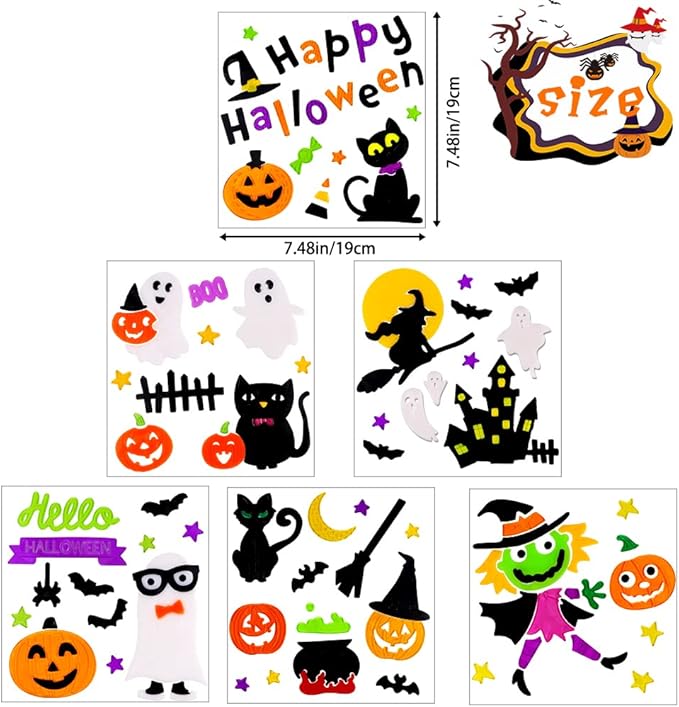 XIMISHOP 6sheet Halloween Gel Window Clings, Pumpkin Ghost Witch Gel Window Stickers Decoration Decals for Halloween Window Decor