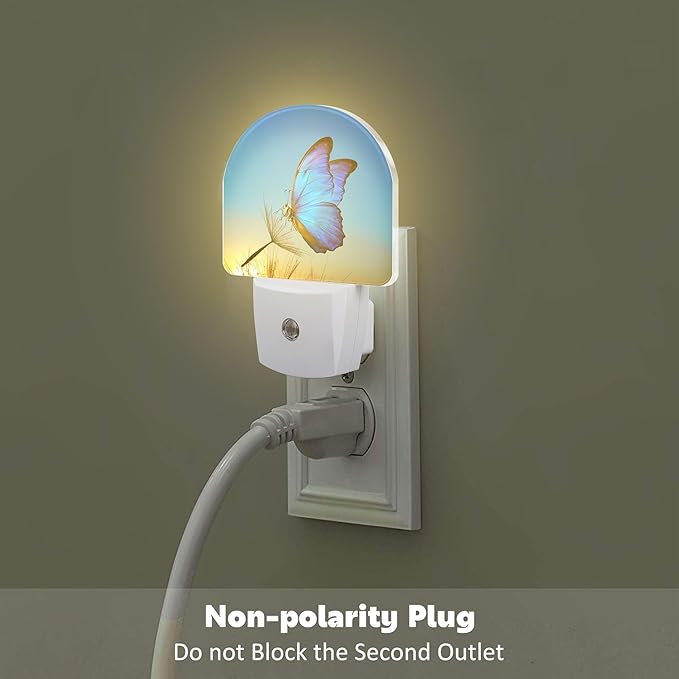 Blue Butterfly and Dandelion Night Light Plug into Wall, Butterfly in The Sunset Dusk to Dawn Night Light,0.5w Energy Saving Sleep Friendly Nightlights for Kids Boys Girls Home Decor