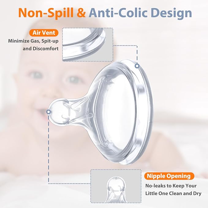 6 Pack Replacement Nipples Compatible with Dr Brown Wide Bottle, Silicone Nipples for Bottle, BPA-Free, Durable and Soft Nipple (M, Medium Flow)