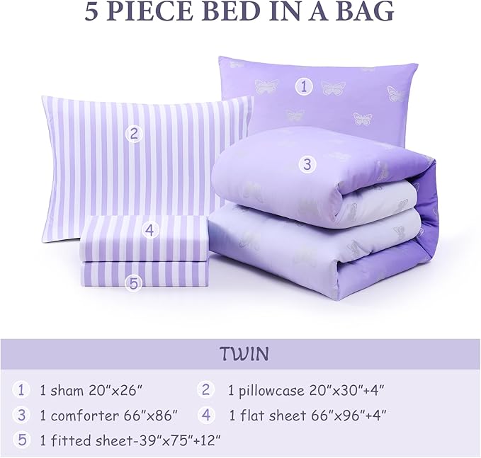 Twin Comforter Set with Sheets for Girls-5 Pieces Twin Bedding Sets with Purple Comforter, Sheets, Pillowcase & Sham for Kids (Purple Butterfly, 66" X 86")