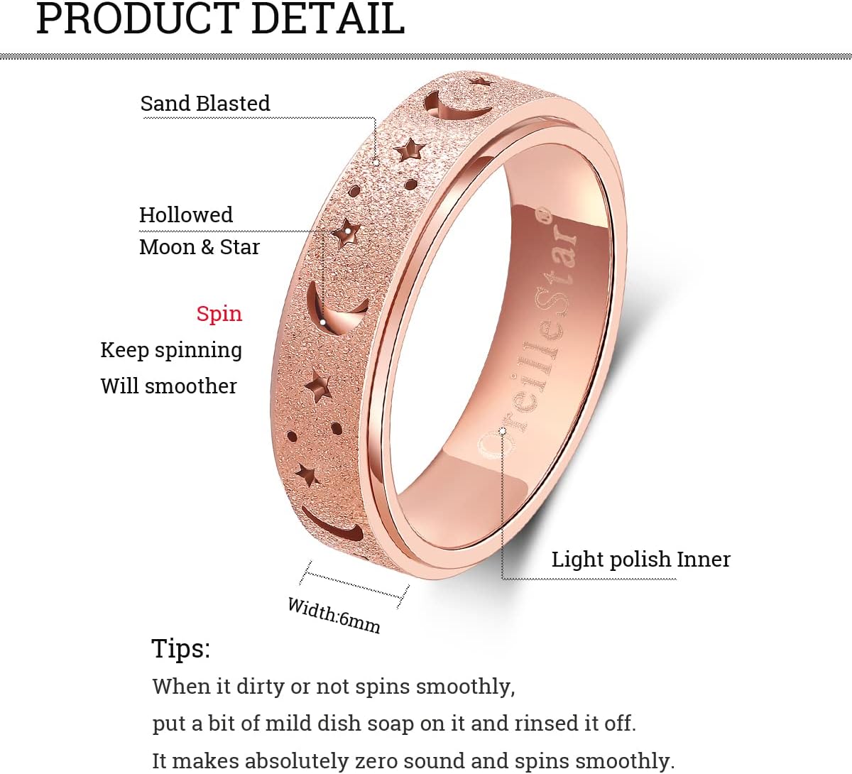 OreilleStar Anxiety Ring for Women Spinner Ring Fidget Toys Adults Stailess Steel Fidget Spinner Rings Fidit Ring Men Moon Star Rose Gold
