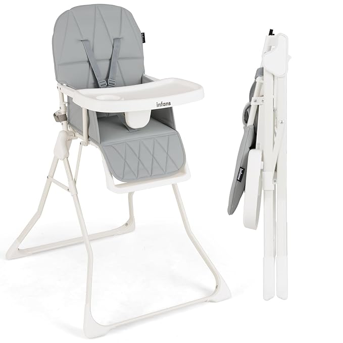 INFANS Baby High Chair, Quick Folding Portable Highchair for Babies and Toddlers with Adjustable Footrest Removable Dishwasher Tray PU Seat, Compact Highchairs for Baby Age 6-36 Months (Grey)