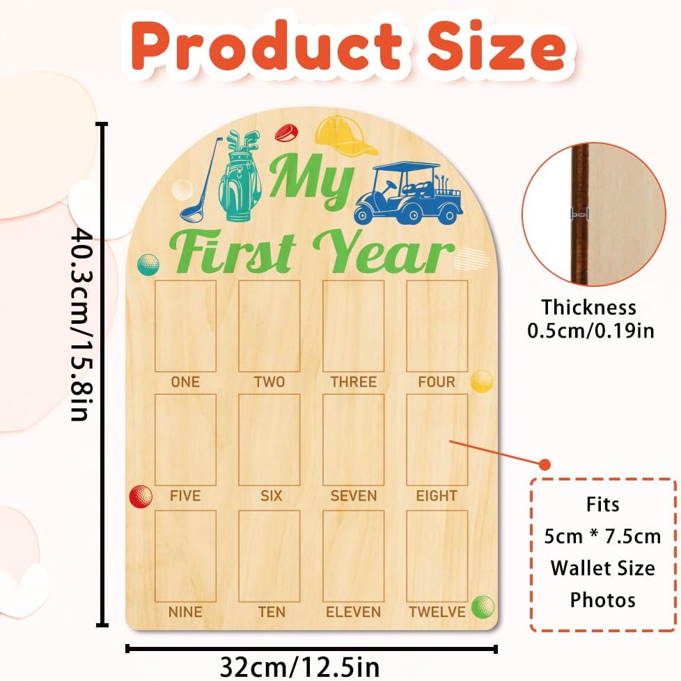 ORIGACH My First Year Baby Growth Photo Display Wood Board - 12 Months Newborn Milestones Photo Board - Neutral Baby Keepsake Frame 1st Birthday Party Nursery Decor New Mom Gift - Golf Element