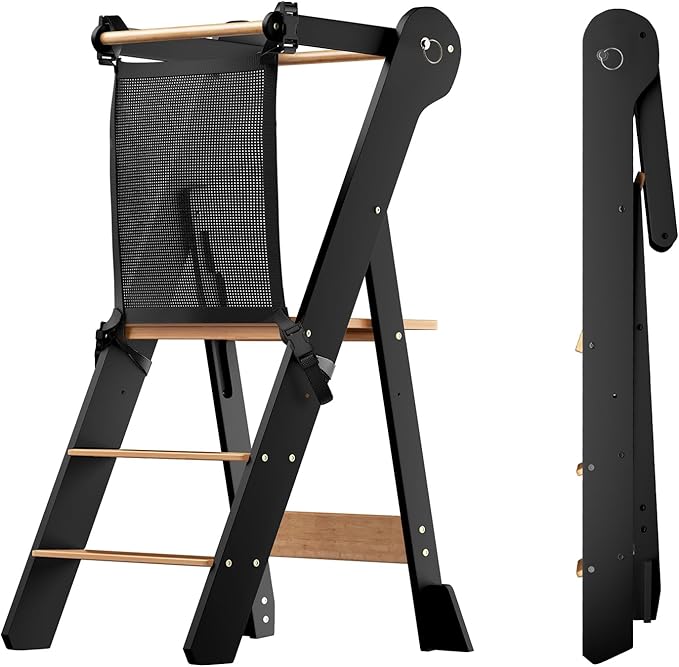 COSYLAND Foldable Toddler Kitchen Stool Helper - Height Adjustable Standing Tower for Bathroom Sink or Kitchen Counter - Step Stool for Toddlers Ages 18 Months to 6 Years Black & Natural