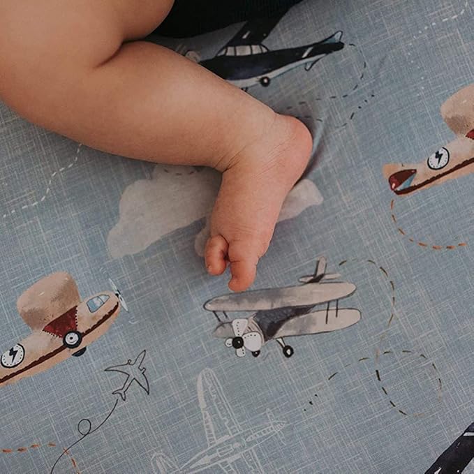 Pack and Play Sheets Fitted, Mini Crib Sheets for Graco Pack N Play Playard (38x26), Ultra Soft Cotton Blend, Safe & Snug Playpen Mattress Sheet for Baby Boys Girls, Airplane in The Clouds, 2-Pack