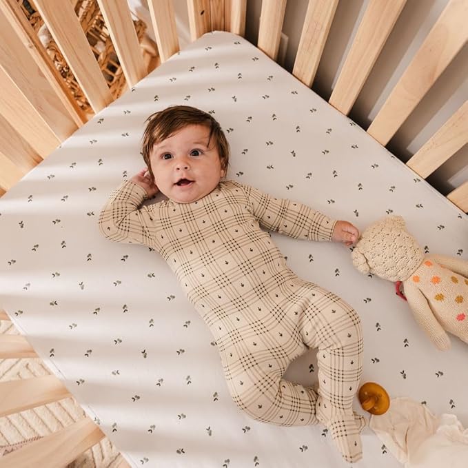 Ely's & Co. Patent Pending Waterproof Crib Sheets, 100% Cotton with Waterproof Lining - Built in Crib Mattress Protector, 2 Pack Fitted Toddler Sheet Set, Berry and Cluster Dot (Sage) 28” x 52”