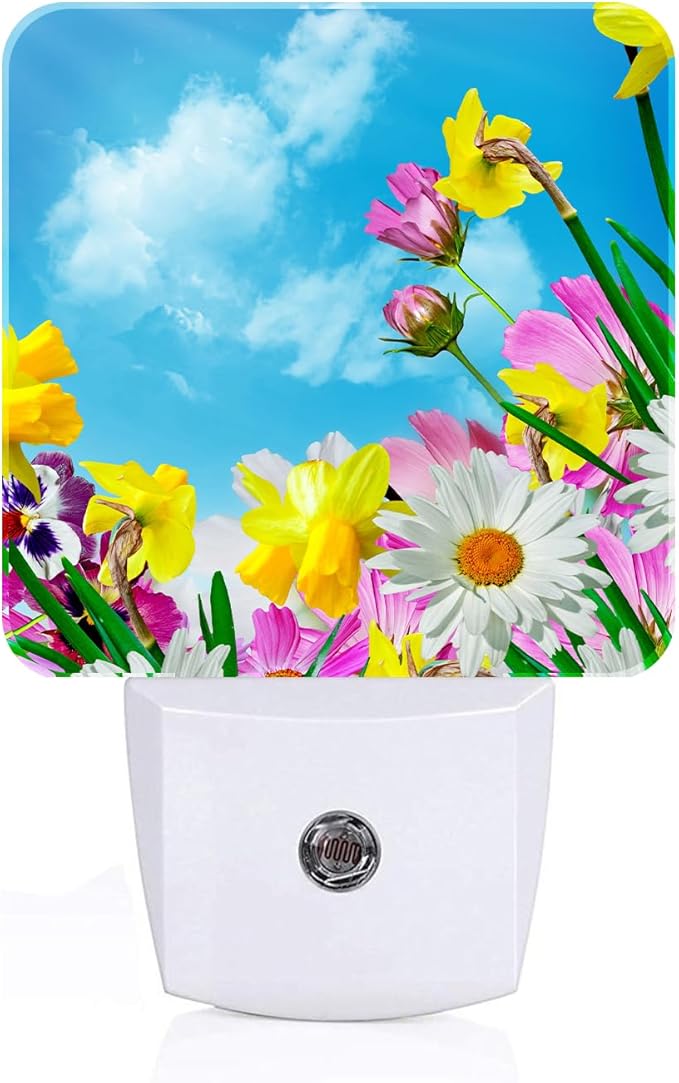 Yellow Petunias and White Sunflower Night Light,Plug-in Nightlights Auto Sensor Night Lamp Dusk-to-Dawn Lamp Home Decor for Nursery Children Girls Boys