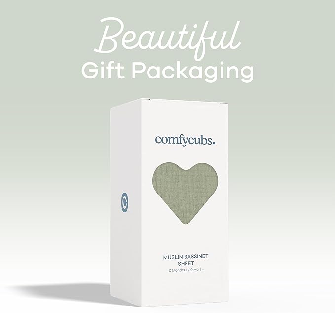 Comfy Cubs Muslin Bassinet Sheet - 100% Soft Cotton Fabric, Breathable & Gentle for Baby’s Sensitive Skin - Universal Fit with Secure Elastic Edging, Gift-Ready Packaging - Sage