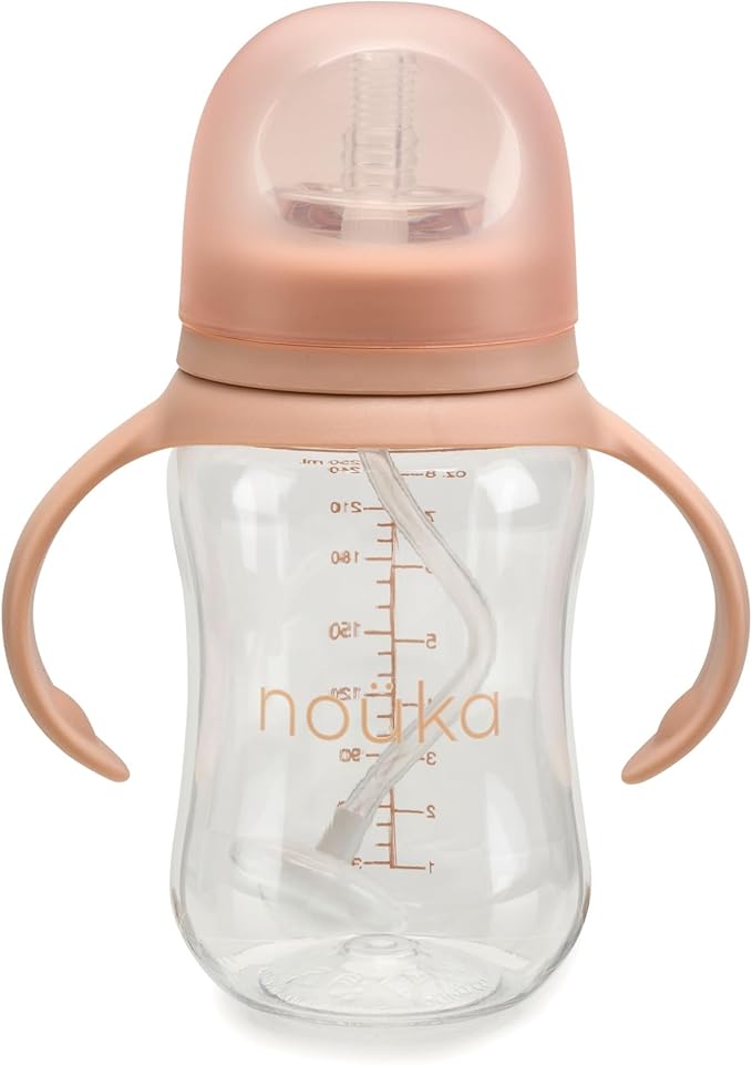 nouka Tritan Plastic Transitional Sippy Cup with Weighted Straw | Leak Proof and Easy Grip | Removable Handles | Soft Blush