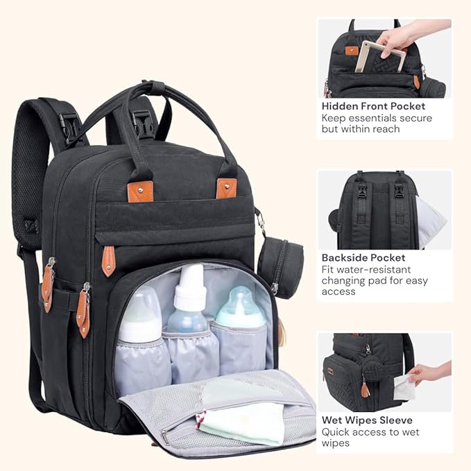 BabbleRoo Diaper Bag Backpack - Baby Essentials Travel Tote - Multi Function Water Resistant Diaper Bag, Travel Essentials Baby Bag with Changing Pad, Stroller Straps & Pacifier Case - Unisex, Black