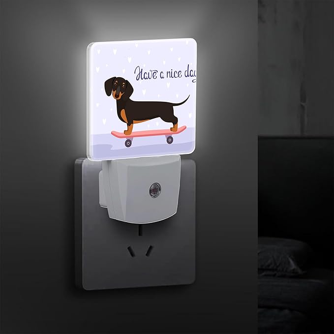 Funny Dachshund on Skateboard Plug in Night Light with Auto Dusk to Dawn Sensor,Warm Night Lights for Boys Girls Bedroom Bathroom Hallway Kids Room Gifts