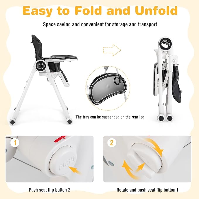 BABY JOY High Chair for Babies & Toddlers, Foldable Highchair with Adjustable Backrest/Footrest/Seat Height, Double Removable Trays, Detachable Seat Cushion, 4 Lockable Wheels (Black)