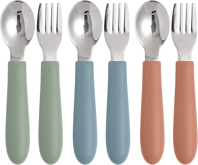 Toddler Utensils, Kids Silverware with Silicone Handle, Spoons and Forks Set, 18/8 Stainless Steel Children Safe Feeding Supplies, 6 Pack, Dishwasher Safe