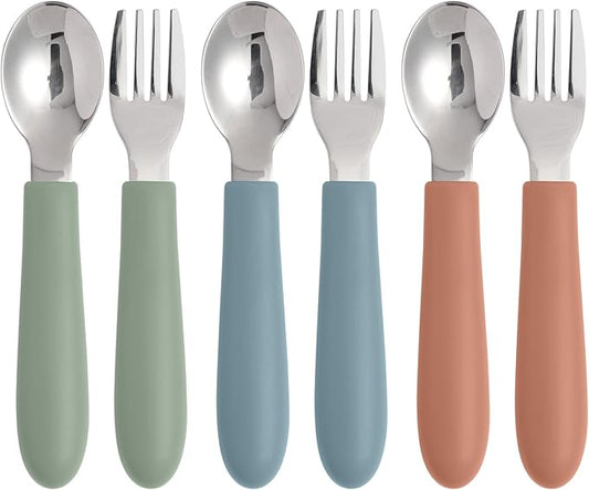 Toddler Utensils, Kids Silverware with Silicone Handle, Spoons and Forks Set, 18/8 Stainless Steel Children Safe Feeding Supplies, 6 Pack, Dishwasher Safe