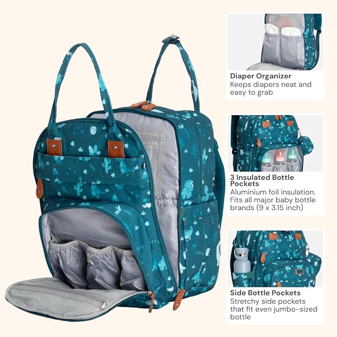 BabbleRoo Diaper Bag Backpack - Baby Essentials, Travel Essentials Baby Bag with Changing Pad, Stroller Straps & Pacifier Case - Unisex, Dino