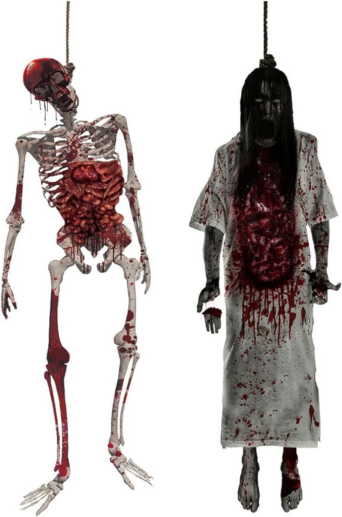 2 Sheets Halloween Window Clings Spooky Double-Sided Hang Bloody Female Ghost & Skeleton Designs Window Decals Decor for Halloween Home Office Party Glass Decoration Supplies