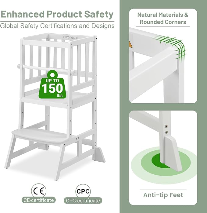 COSYLAND Kids Kitchen Step Stool, Height Adjustable Toddler Standing Tower Nursery Helper with CPC & FSC Certification, Removable Safety Railing Enjoys Exclusive Paten，White