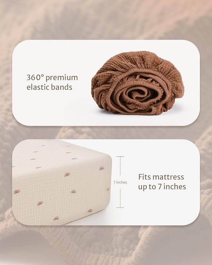 Blissful Diary Muslin Crib Sheets for Girl Boy, Boho Neutral Soft Cotton Baby Sheet for 52''x28'' Standard Crib Mattress, 2 Pack(Sunshine&Brown)
