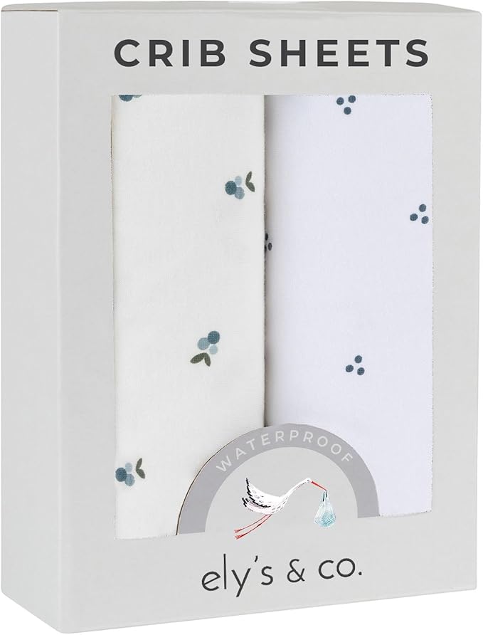 Ely's & Co. Patent Pending Waterproof Crib Sheets, 100% Cotton with Waterproof Lining - Built in Mattress Protector, 2 Pack Fitted Crib Sheet Set, Berry and Cluster Dot (Blue) 28” x 52”