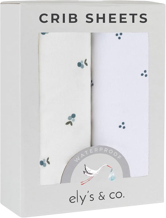 Ely's & Co. Patent Pending Waterproof Crib Sheets, 100% Cotton with Waterproof Lining - Built in Mattress Protector, 2 Pack Fitted Crib Sheet Set, Berry and Cluster Dot (Blue) 28” x 52”