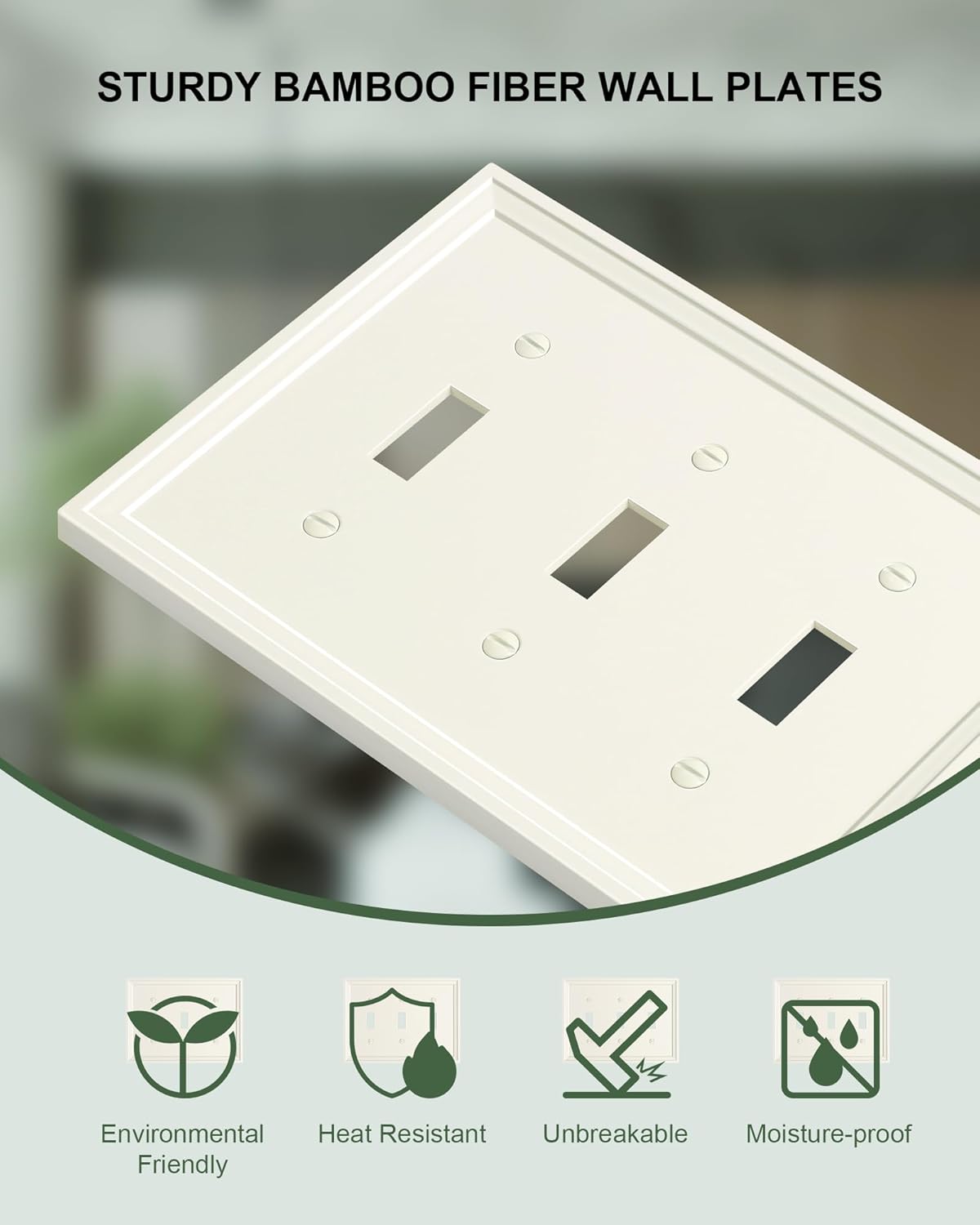 2-Pack Triple Toggle Light Switch Cover Plate, Light Almond Decorative Switch Plate Covers, Natural Bamboo Fiber 3 Gang Wall Plate, Corrosion Resistant