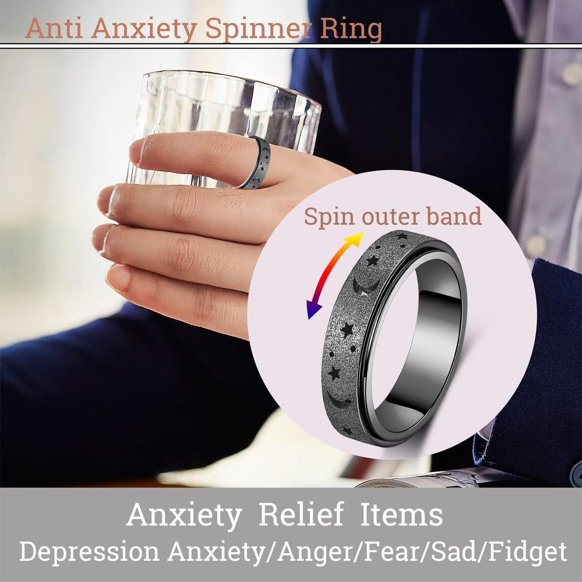 Anxiety Ring for Women Spinner Ring Fidget Toys Adults Fidget Ring Spinner Rings Stainless Steel Fidget Rings Fidgit Ring Men Moon Star Black Size 6