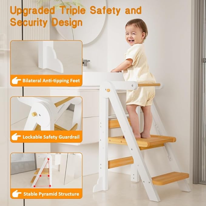 Toddler Tower, Foldable Step Stool for Toddlers, Toddler Kitchen Stool Helper with 3 Adjustable Height Safty Rail and Anti-Tip Structure, Learning Tower for Toddlers Baby Kids