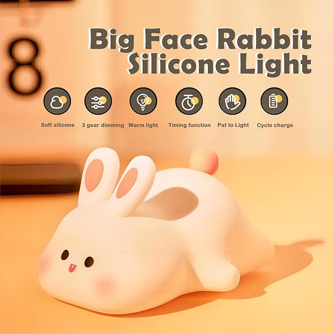 Cute Rabbit Silicone Night Lights Cartoon Bedroom Lamp for Children's Room Decor, USB Rechargeable Timing Dimming Silicone Sleep Light for Kids, Toddler, Baby