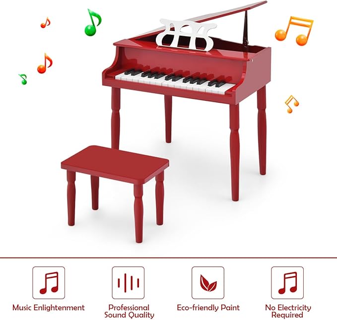 HONEY JOY Classical Kids Piano, 30-Key Mini Piano with Music Stand and Bench, Wooden Musical Instrument Toy with Lid & Music Rack, Gift for Boys Girls Ages 3+ …