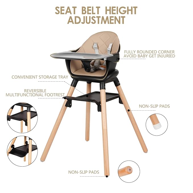 6 in 1 Baby High Chair, Convertible Wooden High Chairs/Booster Seat for Babies and Toddlers, Baby Feeding Chair with 5-Point Harness/Double Removable Tray & Adjustable Footrest (Black)