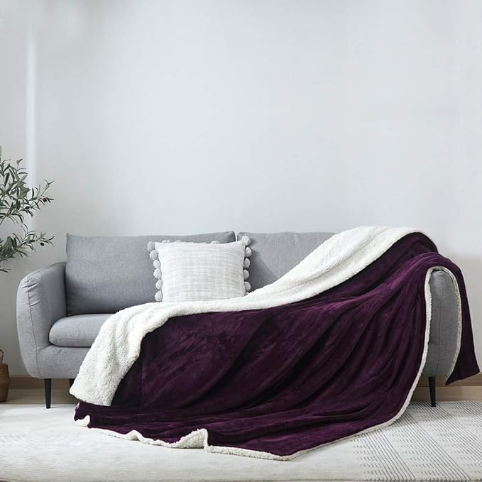 NANPIPER Bed Blanket Reversible Sherpa Flannel Blanket Super Soft Fuzzy Lightweight Fleece Microfiber (90"x90" Purple) Queen