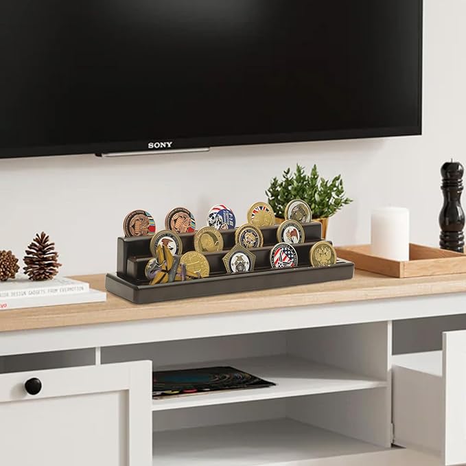 Military Challenge Coins Display Holder Solid Wood,Small Challenge Coin Stand Holds 15-18 Coins,4 Row Army Coin Display Rack for Desk,Challenge Coin Display Case (Coins Not Included)